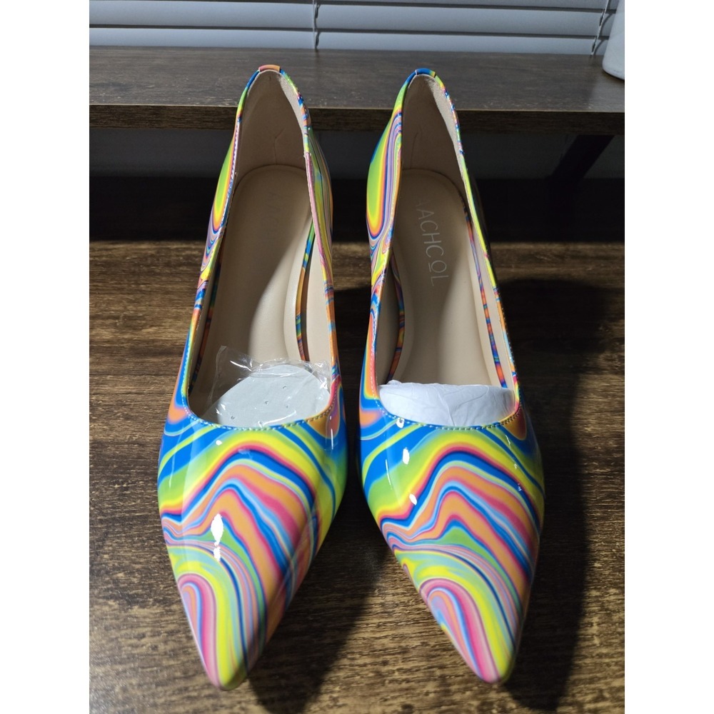 Pstcheelic Rainbow Swirl Block Heel Pumps Colorful Pointed Toe High Heel  8.5